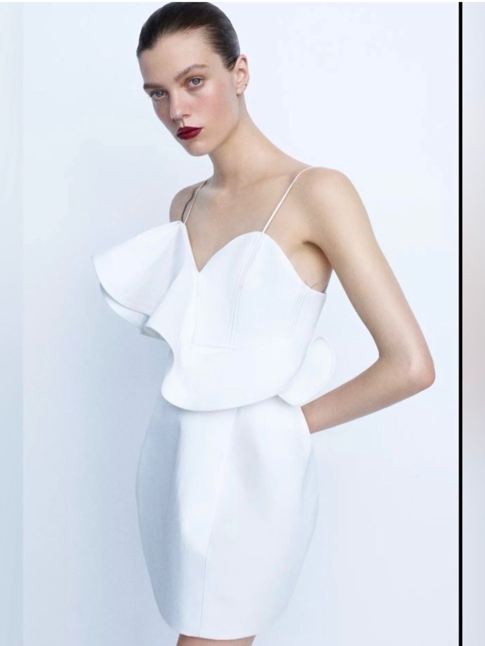 Zara White Ruffle Peplum Mini Wedding Dress For Events Size S